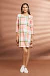 Naintara Bajaj Peach Cotton Round Neck Checkered Pattern Dress Online at Aza Fashions Naintara Bajaj_Peach Cotton Round Neck Checkered Pattern Dress _Online_at_Aza_Fashions