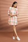 Buy Naintara Bajaj Peach Cotton Round Neck Checkered Pattern Dress Online at Aza Fashions Buy_Naintara Bajaj_Peach Cotton Round Neck Checkered Pattern Dress _Online_at_Aza_Fashions