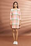 Naintara Bajaj Peach Cotton Round Neck Checkered Pattern Dress at Aza Fashions Naintara Bajaj_Peach Cotton Round Neck Checkered Pattern Dress _at_Aza_Fashions