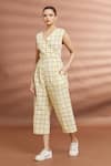 Buy_Samyukta Singhania_Yellow Cotton V Neck Checked Over-lap Jumpsuit _at_Aza_Fashions