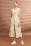 Buy_Samyukta Singhania_Yellow Cotton V Neck Checked Over-lap Jumpsuit _Online_at_Aza_Fashions