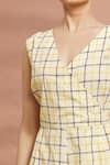 Samyukta Singhania_Yellow Cotton V Neck Checked Over-lap Jumpsuit _at_Aza_Fashions