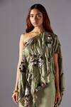 Shop_A Humming Way_Green Linen Topiary One-shoulder Cape And Mesa Sharara Set _Online_at_Aza_Fashions