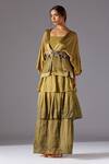 A Humming Way_Green Satin, Organza, Linen Topiary Bhutani Top With Forestland Tiered Gown _Online_at_Aza_Fashions