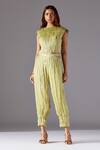 Buy_A Humming Way_Green Satin, Organza Embroidery Boat Machair Ruched Top And Ankle-length Pant Set _at_Aza_Fashions