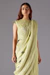 A Humming Way_Green Satin Organza Hand Embroidered Leaf Machair Ruched Pant Set With Dupatta _Online_at_Aza_Fashions