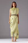 Buy_A Humming Way_Green Satin Organza Hand Embroidered Leaf Boat Machair Ruched Pant Set With Belt _at_Aza_Fashions