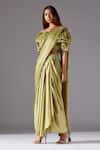 A Humming Way_Green Satin, Chiffon, Organza Gill Fungi Pre-draped Skirt Saree Set _Online_at_Aza_Fashions