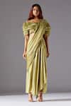 Buy_A Humming Way_Green Satin, Chiffon, Organza Gill Fungi Pre-draped Skirt Saree Set _Online_at_Aza_Fashions