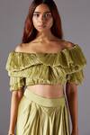 Shop_A Humming Way_Green Satin, Chiffon, Organza Gill Fungi Pre-draped Skirt Saree Set _Online_at_Aza_Fashions
