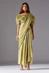 Buy_A Humming Way_Green Satin Organza Hand Gill Fungi Pre-draped Skirt Saree Set With Belt _Online_at_Aza_Fashions