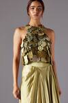 A Humming Way_Green Satin, Chiffon Beads, Embroidery, Mima Mounds Top Draped Skirt Saree Set _Online_at_Aza_Fashions