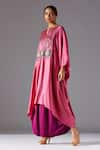 A Humming Way_Pink Bamberg Satin Embroidered Landscape Elysian Jubba Kurta And Draped Dhoti Set _Online_at_Aza_Fashions