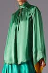 Shop_A Humming Way_Green Mashru Silk And Georgette Satin High Neck Kimono Shirt & Flared Skirt Set _at_Aza_Fashions