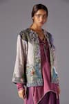 A Humming Way_Gold Satin Chiffon Hand Embroidered Elysian Iris Jacket With Tree Bark Kurta Set _Online_at_Aza_Fashions