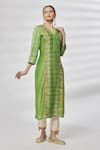 Kasturi Tikmani_Green Pure Chanderi Floral V Neck Straight Kurta  _at_Aza_Fashions