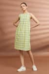 Buy_Samyukta Singhania_Yellow Round Pleated And Checked Dress _at_Aza_Fashions