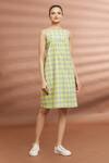 Buy_Samyukta Singhania_Yellow Round Pleated And Checked Dress _Online_at_Aza_Fashions