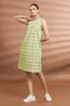 Shop_Samyukta Singhania_Yellow Round Pleated And Checked Dress _Online_at_Aza_Fashions