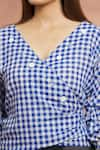 Shop_Samyukta Singhania_Blue 100% Cotton Checkered V Neck Puff Sleeve Top 