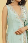 Shop_Kanj by Priyanka A Sakhuja_Green Silk Upada Embroidered Gota Patti V Neck Floral Kurta Sharara Set _at_Aza_Fashions