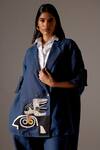 Mini Sondhi_Blue Linen Applique Hand Embroidered Aari Lapel Jacket And Pant Set _at_Aza_Fashions