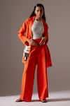 Buy_MINI SONDHI_Orange Linen Applique Hand Embroidered Aari Lapel Collar Blazer And Trouser Set _at_Aza_Fashions