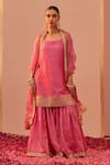 Buy_Sheetal Batra_Pink Kurta And Gharara Silk Chanderi Embroidery Tilla Square Neck Yasmin Set _at_Aza_Fashions