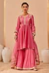 Buy_Sheetal Batra_Pink Kurta Silk Chanderi Embroidery Tilla V Fatima Zari Peplum Anarkali Set _at_Aza_Fashions