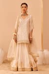 Buy_Sheetal Batra_Ivory Kurta And Lehenga Silk Chanderi Embroidery Tilla Leaf Neck Faaiza Set _at_Aza_Fashions