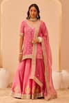 Buy_Sheetal Batra_Pink Kurta And Lehenga Silk Chanderi Embroidery Tilla Leaf Neck Faaiza Set _at_Aza_Fashions