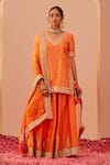 Buy_Sheetal Batra_Orange Kurta And Lehenga Silk Chanderi Embroidery Tilla Leaf Neck Faaiza Set _at_Aza_Fashions