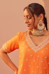 Shop_Sheetal Batra_Orange Kurta And Lehenga Silk Chanderi Embroidery Tilla Leaf Neck Faaiza Set _at_Aza_Fashions