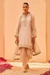 Buy_Sheetal Batra_Ivory Kurta Silk Chanderi Embroidery Tilla V Neck Faheeda Placket Set _at_Aza_Fashions