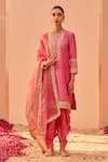 Buy_Sheetal Batra_Pink Kurta Silk Chanderi Embroidery Tilla V Neck Faheeda Short Dhoti Pant Set_at_Aza_Fashions