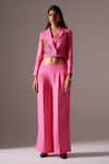 Mini Sondhi_Pink Linen Applique Embroidered Aari Lapel Collar Jacket And Trouser Set _at_Aza_Fashions