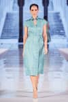 Buy_Escape By Aishwarya_Blue Cotton Satin Solid High Neck Collar Katha A-line Shirt Dress With Belt _at_Aza_Fashions