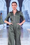 Shop_Escape By Aishwarya_Green Cotton Satin Solid Collared Neck Work Up Jumpsuit With Belt _at_Aza_Fashions