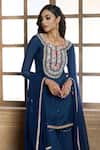 Shop_Aariyana Couture_Blue Kurta And Sharara Cotton Silk & Dupatta Chiffon Embroidery Yoke Set _at_Aza_Fashions