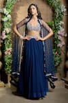 Buy_Aariyana Couture_Blue Lehenga Chiffon Embroidery Thread Cape Open Ruffle Set _at_Aza_Fashions