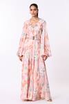 Scarlet Sage_Pink Bemberg Satin Printed Paisley V Nile Maxi Dress With Belt  _Online_at_Aza_Fashions