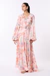 Shop_Scarlet Sage_Pink Bemberg Satin Printed Paisley V Nile Maxi Dress With Belt  _Online_at_Aza_Fashions