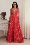 Buy_SHASHA GABA_Red Chanderi Embroidery, Sequins V-neck Floral Dress _at_Aza_Fashions