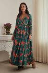 Buy_SHASHA GABA_Green Chanderi, Satin Sequins, Embroidery V-neck Floral Print Anarkali Set _at_Aza_Fashions