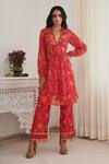Buy_SHASHA GABA_Red Chanderi, Chiffon Embroidery, Sequins, Floral Print Pleated Kurta And Pant Set _at_Aza_Fashions