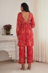 Shop_SHASHA GABA_Red Chanderi, Chiffon Embroidery, Sequins, Floral Print Pleated Kurta And Pant Set _at_Aza_Fashions