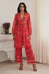 SHASHA GABA_Red Chanderi, Chiffon Embroidery, Sequins, Floral Print Pleated Kurta And Pant Set _Online_at_Aza_Fashions