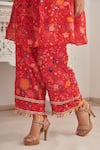 Buy_SHASHA GABA_Red Chanderi, Chiffon Embroidery, Sequins, Floral Print Pleated Kurta And Pant Set _Online_at_Aza_Fashions