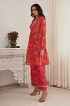SHASHA GABA_Red Chanderi, Chiffon Embroidery, Sequins, Floral Print Pleated Kurta And Pant Set _at_Aza_Fashions