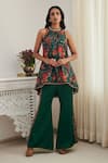 Buy_SHASHA GABA_Green Chanderi, Satin Embroidery, Sequins Floral Print Flared Kurta And Pant Set _at_Aza_Fashions